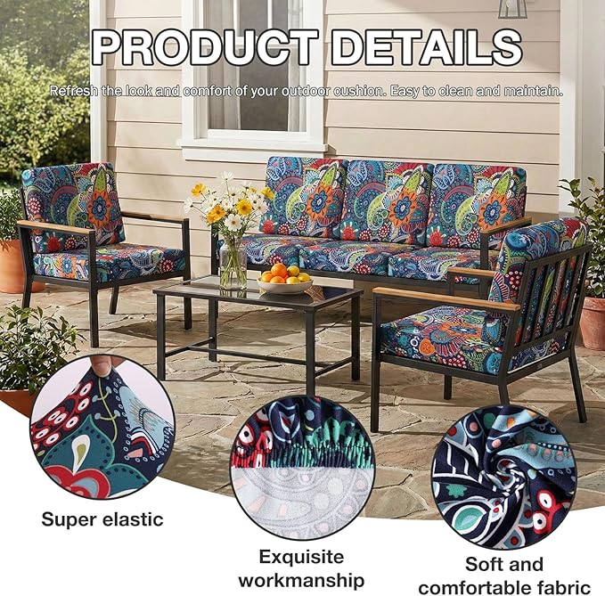 hyha 12Pcs Patio Cushion Covers, Stretch Outdoor Couch Cushion Covers Replacement, Washable Outdoor Chair/Sofa Slipcovers for Patio Furniture Cushions Protector with Elastic Bottom(Paisley,Cover Only)