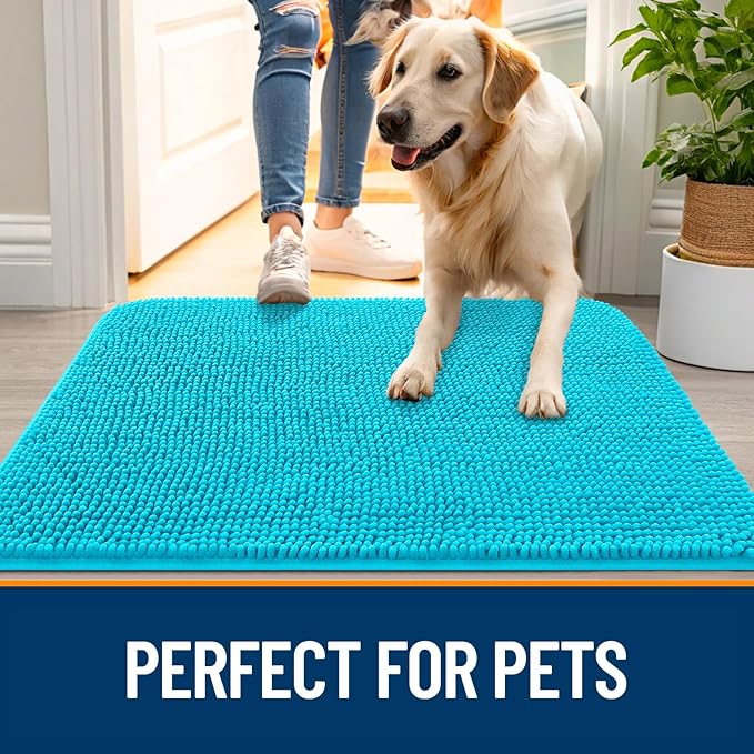 OLANLY Dog Door Mat for Muddy Paws 30x20, Absorbs Moisture and Dirt, Absorbent Non-Slip Washable Doormat, Quick Dry Chenille Mud Mat for Dogs, Entry Indoor Entryway Carpet for Inside Floor, Aqua Blue