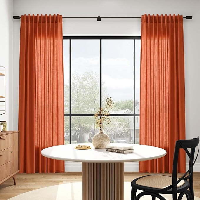 Nanspring Bright Orange Linen Blend Light Filtering Back Tab Curtains 96 Inches Long, Semi Sheer Privacy Drapes for Living Room & Bedroom, 52x96 inch, 2 Panels