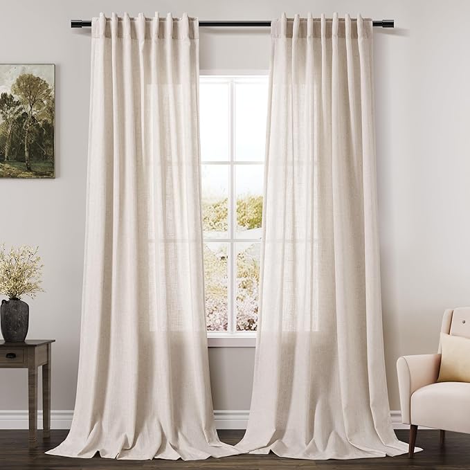 Nanspring Beige Extra Long Curtain 130 inches Long 2 Panels Set for Living Room Back Tab Modern Farmhouse Coastal Decor Cotton Textured Beige Sheer Linen Curtains for High Window 52x130