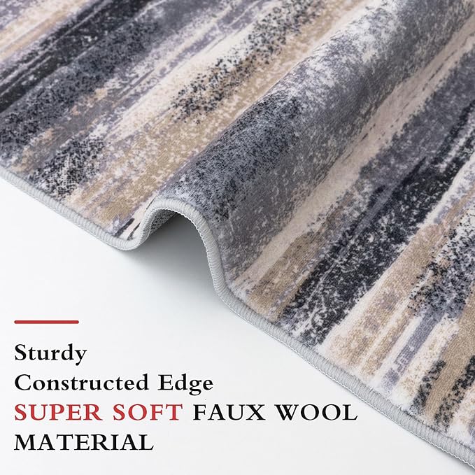 Lansny Modern Abstract Runner Rug 2x10, Grey Black Multi Washable Long Kitchen Runner Non-Slip Soft Hallway Rug Runner Thin Print Faux Wool Carpet for Entryway Bedroom Laundry Room Indoor Home Decor