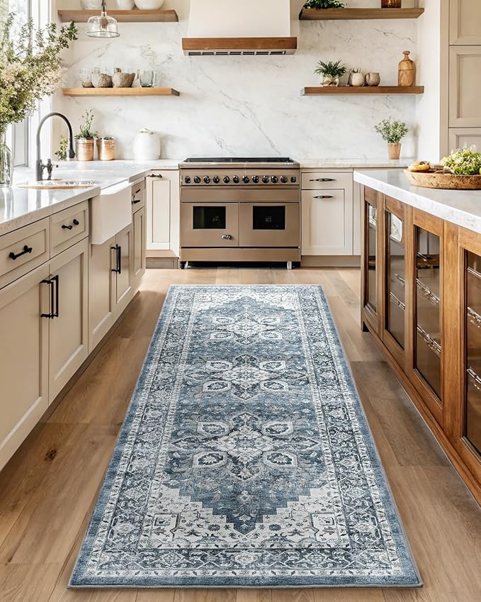 AMADA HOMEFURNISHING 2'6"x8' Washable Area Rug, Low-Profile Entryway Rug with Non-Slip Backing & Durable Edge Binding, Vintage Rug Pattern, Small Rugs for Entryway, Kitchen & Living Room