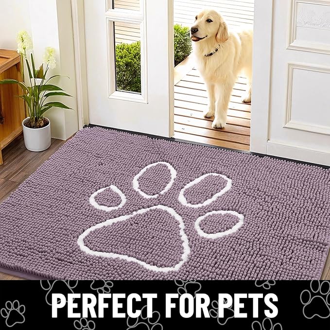 Smiry Dog Door Mat for Muddy Paws, Absorbent Dirt Trapper Non Slip Quick Dry Washable Chenille Mat for Mud Dogs, Entry Rug for Indoor and Outdoor (40x32 Inches, Deep Plum and White)