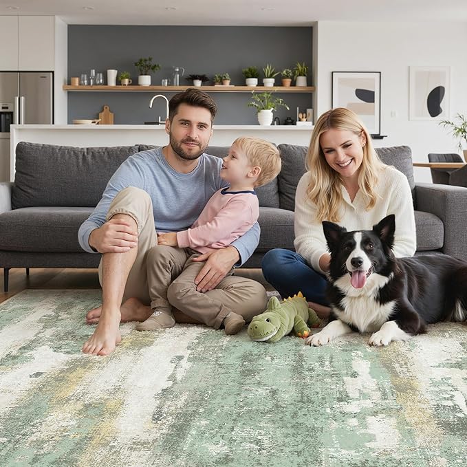 BEIMO Reversible 6x9 Area Rugs for Living Room, Modern Abstract Dual-Sided Carpet, Machine Washable Soft Low Pile Rug for Bedroom Dining Room, Includes Non-Slip Rug Pad, Green & Grey