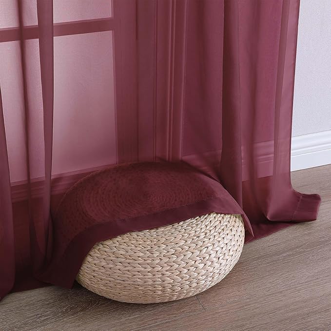 OVZME Burgundy Sheer Curtains 84 Inches Long 2 Panels Set, Light Filtering Sheer Curtains for Living Room Bedroom 59 Inch Extra Wide, Modern Voile Filmy Rod Pocket Window Drapes, 59Wx84L Inches