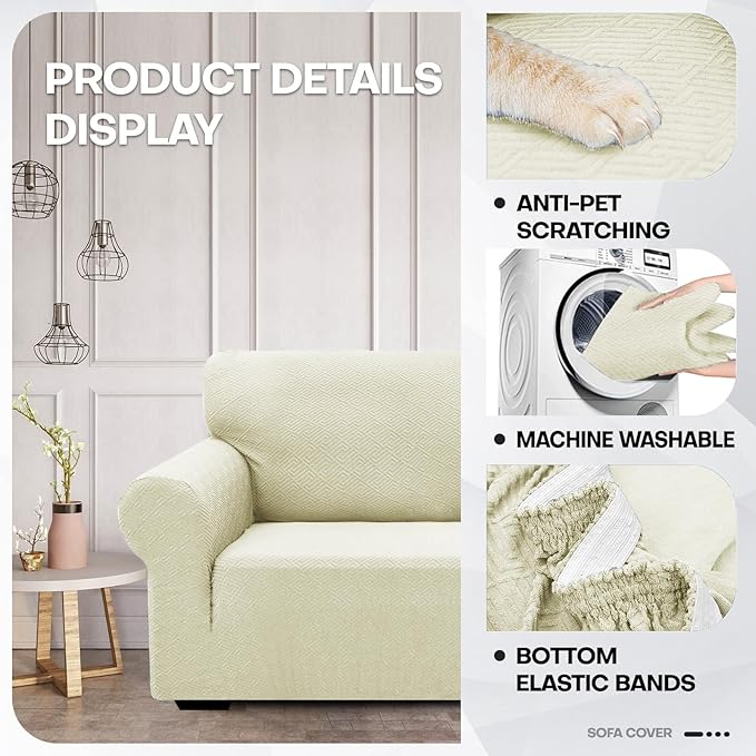 ZNSAYOTX 1 Piece Jacquard Couch Covers for 2 Cushion Couch High Stretch Loveseat Slipcover for Pets Dogs Anti Slip Love Seat Sofa Slipcover Furniture Protector (Medium,New Pattern Light Beige)