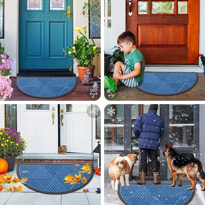 Smiry Half Circle Front Door Mat Outside Entrance, Heavy Duty Sturdy Natural Rubber Doormat, Trap Dirt and Moisture, Low Profile Mats for Indoor Outdoor Entry, Irregular Triangle (29.5x17, Blue)