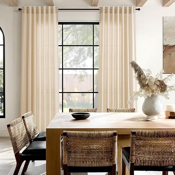 Extra Long Tan Linen Curtains 120 Inches for Living Room Back Tab Neutral Farmhouse Drapes Light Filtering Semi Sheer Curtain 120 inch for Floor to Ceiling Window Patio Sliding Door,2 Panels