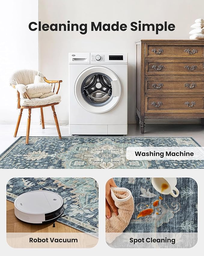 AMADA HOMEFURNISHING 2'6"x10' Washable Area Rug, Low-Profile Entryway Rug with Non-Slip Backing & Durable Edge Binding, Vintage Rug Pattern, Small Rugs for Entryway, Kitchen & Living Room