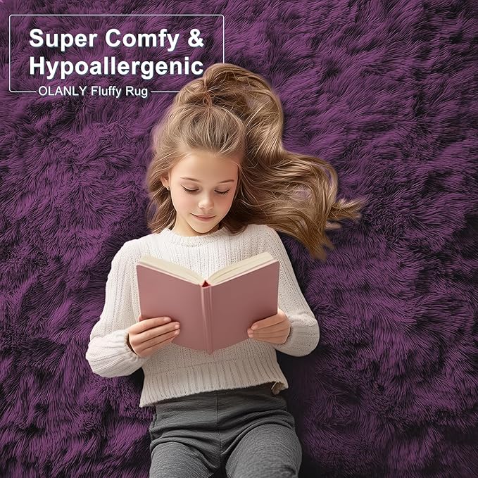 OLANLY 5x7 Machine Washable Large Area Rugs for Living Room, Bedroom, Soft Fluffy Shaggy Bedside Rug, Indoor Floor Carpet for Kids Girls and Boys, Dorms, Nursery, Home Decor Aesthetic, Dark Purple