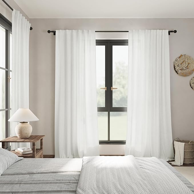 Nanspring Linen Curtains 84 inches Long 2 Panel Set,Off White - Back Tab Light Filtering Privacy Sheer Curtains Modern Farmhouse Coastal Decor White Cotton Textured Gauze Curtain for Living Room