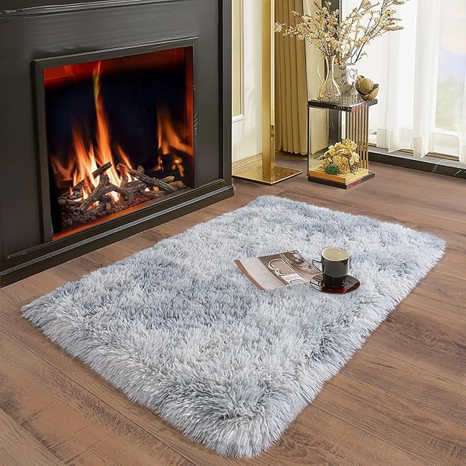 Ultra Soft Runner Rugs for Bedroom Hallways with Upgraded Non-Slip Rubber Backing & Thick Memory Sponge, 2 Packs 2x3 Feet Fluffy Shag Throw Area Rug for Bedside Dorm Tie-dye Light Grey