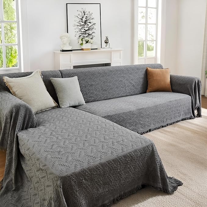 HOMERILLA Sectional Couch Covers for Sectional Sofa L Shaped Sofa Cover Blanket 2 Pieces L Shape Furniture Protector for Pets Dogs (Dark Grey, Large)