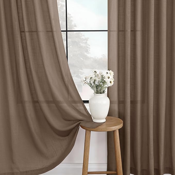 Chocolate Brown Linen Curtain 90 inch Length 2 Panels Set Back Tab Light Filtering Living Room Curtain Drapes Home Office Modern Minimalist Decor Farmhouse Boho Neutral Semi Sheer Curtain 90 inch Long