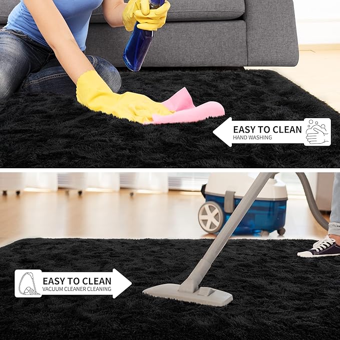 Tepook Area Rugs 9x12 for Living Room, Super Soft Fluffy Rugs for Bedroom, Modern Shaggy Rug Fuzzy Carpets for Kids, Plush Indoor Nursery Home Decor Rug with Non-Slip Bottom, Black