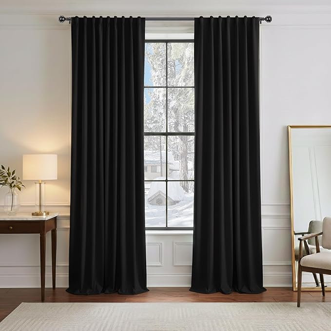 PONY DANCE Blackout Curtain Blinds - 42-inch Wide by 84-inch Long, Black Thermal Insulated Light Block Back Tab/Rod Pocket Curtains Window Cover Shades for Bedroom Living Room, 2 Panels