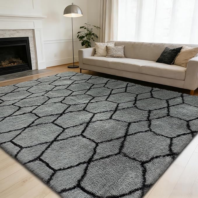 8x10 Fluffy Area Rugs for Living Room,Shag Area Rug for Bedroom,Geometric Soft Fuzzy Rug Non-Shedding Indoor Plush Carpet for Kids Bedroom Nursery Home Decor,Grey and Black