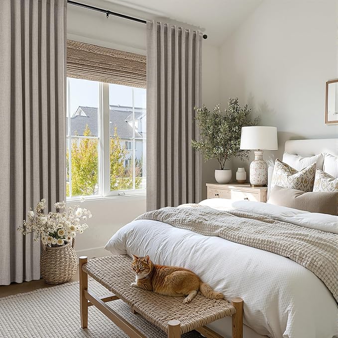 MIULEE 100% Blackout Linen Curtains for Bedroom,Greige Solid Luxury Decor Thermal Insulation Room Darkening Drapes for Living Room Nursery Back Tab Rod Pocket 42 x 96 Inches, 2 Panels