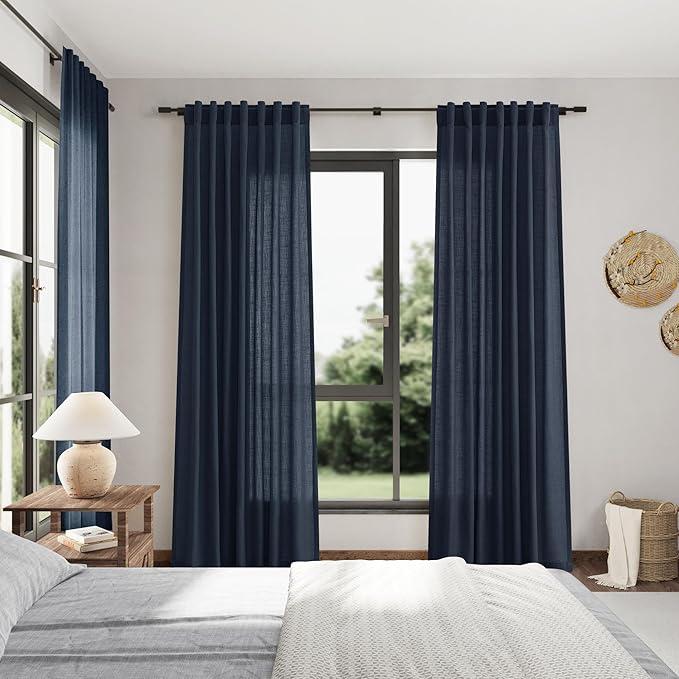 Extra Long Vintage Blue Linen Curtains 120 Inch for Living Room 2 Panels Set Rod Pocket Back Tab Light Filtering Semi Sheer Soft Linen Window Drapes Privacy High Ceiling Drapes for Farmhouse 52x120