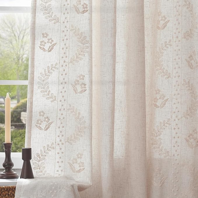 jinchan Belrose Lined Linen Blend Curtains Boho Floral Curtains for Bedroom 63 Inch Length Ivory Embroidered Drapes Rod Pocket Farmhouse Flower Drapes for Living Room Window Treatments Set 2 Panels