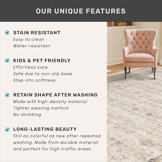 Washable Ivory 5x7 Rug for Bedroom, Home Office, Non Slip Dinning Rugs for Under Table, Low Pile Neutral Farmhouse Retro Living Room Carpet