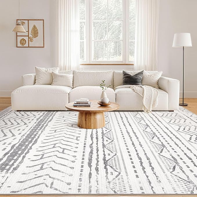 Nakagishi 5x8 Area Rug Living Room: Washable Boho Large Neutral Soft Rugs Farmhouse Stain Resistant Modern Indoor Non-Slip Carpet for Bedroom Nursery Kids Playroom Office Dining Room Dorm- Gray White