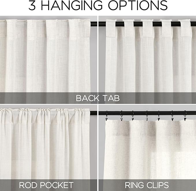 Extra Long Beige White Linen Curtains 126 Inch for Living Room 2 Panels Set Rod Pocket Back Tab Light Filtering Semi Sheer Soft Linen Window Curtain Privacy High Ceiling Drapes for Farmhouse 52x126