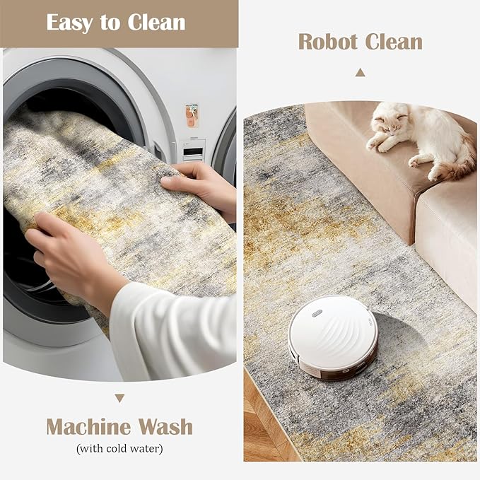 4x12 Washable Kitchen Runner Rug: Modern Abstract Wide Runners for Hallway Soft Non Slip Rugs with Rubber Backing Low Pile Thin Carpet for Entryway Bedroom Bathroom Laundry Indoor(Grey/Yellow,4x12)
