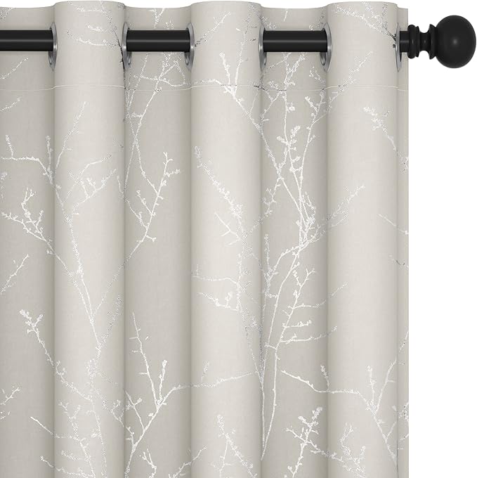 Deconovo Beige Blackout Curtains, Boho Farmhouse Curtain, Thermal Insulated Soundproof Drapes, Silver Branch Print, 52 x 108 Inch Long, Machine Washable Window Panels for Living Room Bedroom, Set of 2