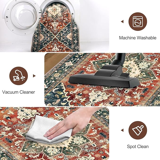 Yamaziot Washable Runner Rug, 3x6 Non-Slip Boho Vintage Hallway Rug with Rubber Backing, Low Pile Faux Wool Distressed Carpet Runner for Bedroom, Kitchen, Laundry, Entrance