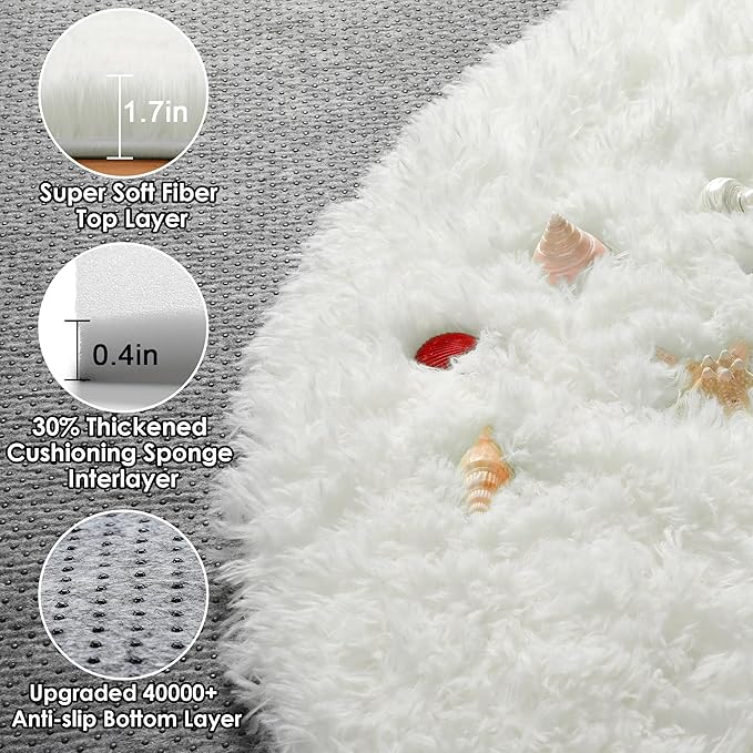 ONASAR Cream White Round Rugs 7ft for Living Room, Ivory Fluffy Bedroom Circle Area Rug, Soft Plush Shaggy Carpet for Kids Girls Boys Teen Nursery Dorm Classroom Playroom Home Decor Aesthetic