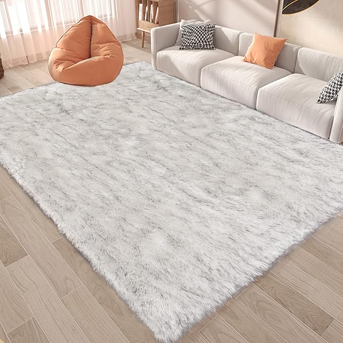 Latepis Area Rugs 9x12 Living Room Alfombras para Salas White with Grey Tips Faux Sheepskin Fur Rug for Bedroom Entertainment Room Home Décor, Rectangle