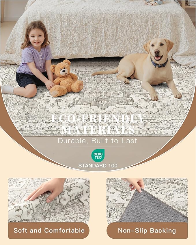Madane Hallway Runner Rug 3x18 - Kitchen Rugs 18ft Washable Entryway Rug Vintage Kitchen Runners Non Slip Indoor Area Rug Farmhouse Carpet Runner for Bathroom Living Room Bedroom, Beige/Brown