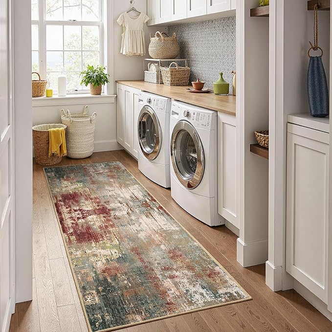 Washable Area Rugs 2'x10' Non-Slip Modern Abstract Soft for Living Room Entryway Bedroom Nursery, Print Pattern, Brown Rust Red Green Blue Multi