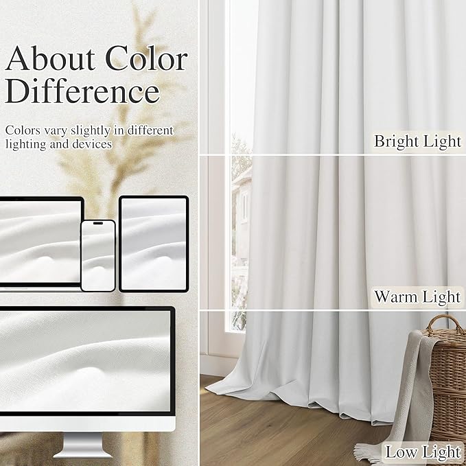 Guken White 100% Blackout Curtains 132 Inch Length 2 Panels Set for Living Room Bedroom Back Tab Thermal Insulated Black Out Linen Drapes Room Darkening Window Curtains