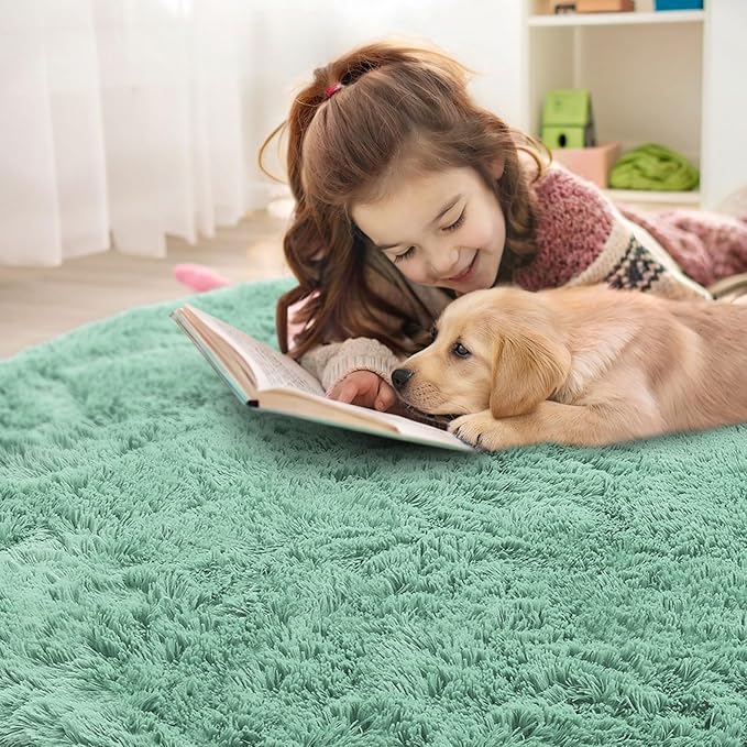 OLANLY Mint Green Round Rugs for Bedroom - Machine Washable, 4 ft Circle Area Rugs for Living Room, Soft and Fluffy Shaggy Carpet for Teen Girls and Boys, Nursery Rooms, Dorms, Home Decor Aesthetic