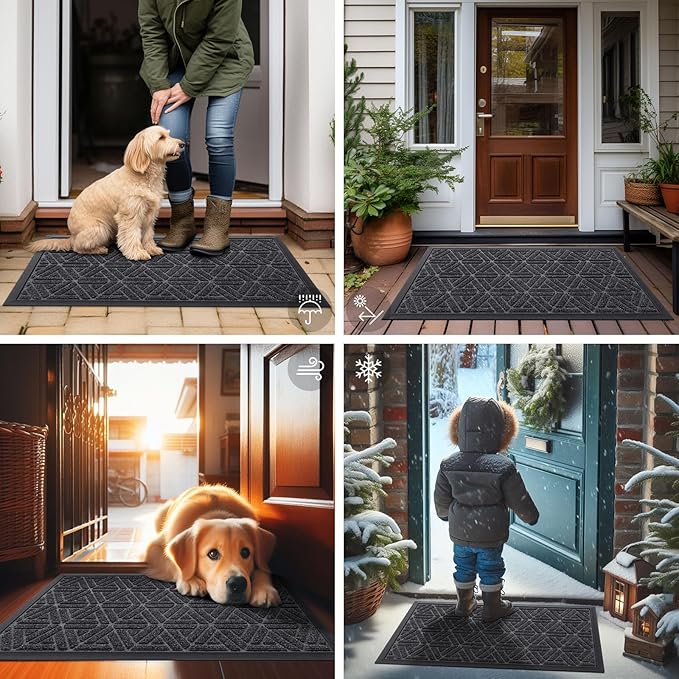 Smiry Front Door Mat Outside Entrance, Heavy Duty Sturdy Natural Rubber Doormat, Trap Dirt and Moisture, Easy Clean Low Profile Mats for Indoor Outdoor Entry, Grid Geometric (29.5x17, Grey)