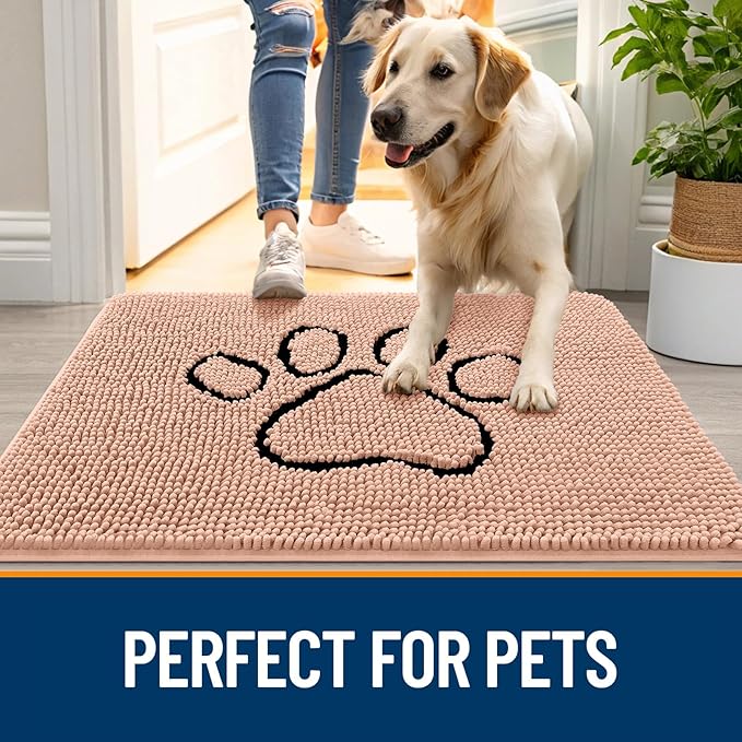 OLANLY Dog Door Mat for Muddy Paws 36x24, Paw Print Design, Absorbs Moisture and Dirt, Absorbent Non-Slip Washable Doormat, Quick Dry Chenille Mud Mat for Dogs, Entry Indoor Entryway Carpet, Peach