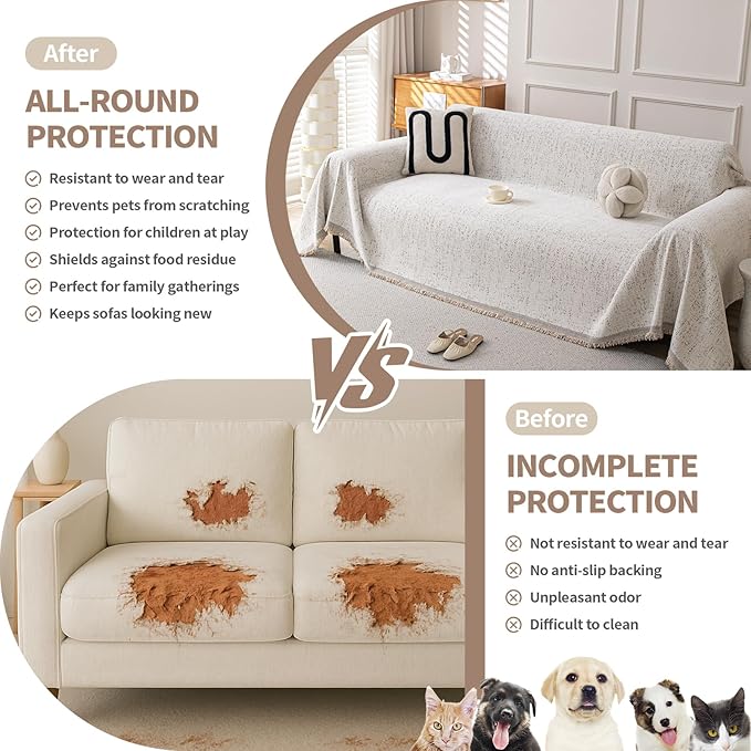 Couch Cover for Dogs, Boho Sofa Covers for 3 Cushion Couch, Chenille Slipcover for Pets Washable, L-Shape Sectional Couch Loveseat Cover Soft Throw Blankets with Tassels(71x134,Speckled Beige)