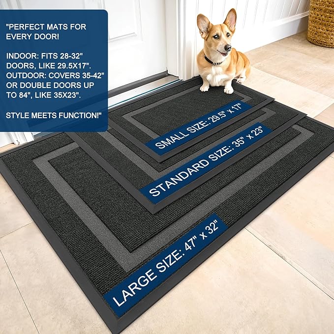 OLANLY Front Door Mat Indoor Outdoor Entrance, Waterproof All-Season, All-Weather Doormat, Sturdy Natural Rubber, Fade Resistant, Low Profile, Easy Clean Patio Porch Entryway Mat, 33x21, Black