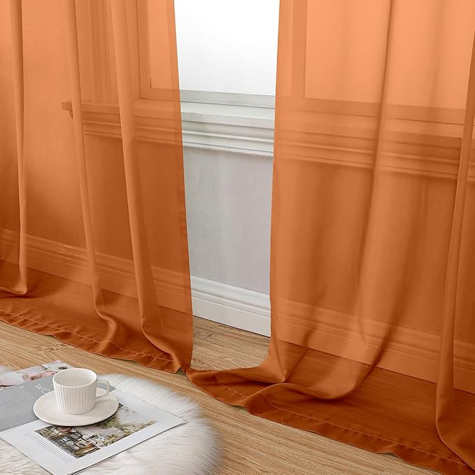 Aiyufeng Orange Sheer Curtains 63 Inch Length 2 Panels Set, Light Filtering Airy Rod Pocket Orange Window Curtain Treatment Drapes for Kitchen Bedroom Living, Each 40Wx63L Inches