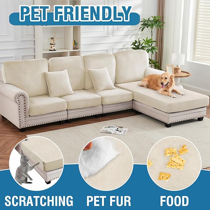 Couch Cover Velvet Chaise Cushion Cover for Sectional Sofas - Elastic L-Shaped Sofa Seat Covers Washable, Slipcover Protector (1-Piece, Cream)