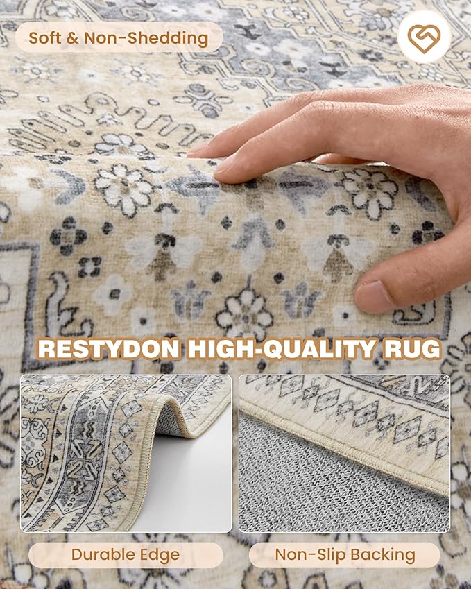 Runner Rug 2x10, Ultra-Thin Kitchen Rugs Non Slip Washable Rugs for Entryway Rug, Kitchen Runner Low Pile Vintage Soft Carpets for Living Room, Bathroom Bedroom (Beige,2'x10')