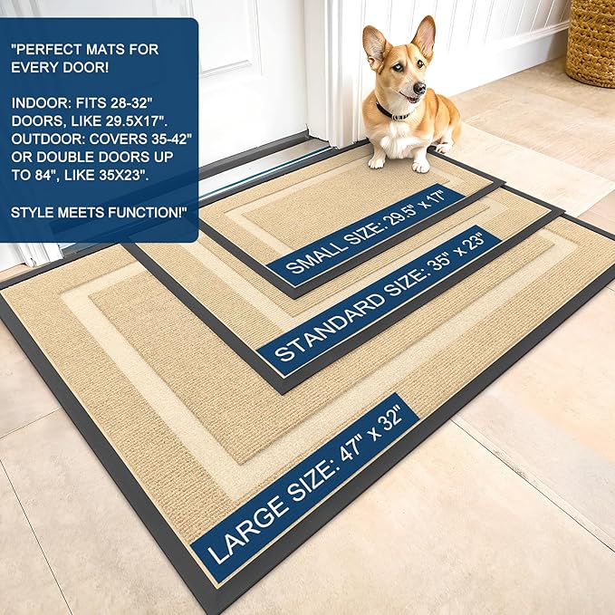 OLANLY Front Door Mat Indoor Outdoor Entrance, Waterproof All-Season, All-Weather Doormat, Sturdy Natural Rubber, Fade Resistant, Low Profile, Easy Clean Patio Porch Entryway Mat, 59x35, Beige