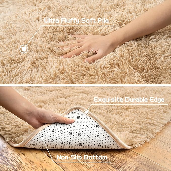 Pionblank 9x12 Area Rug, Large Area Rug for Living Room, Shag Rug for Bedroom, Soft Furry Non Slip Carpet for Kids Room Nursery Teens Dorm Home Decor, Camel