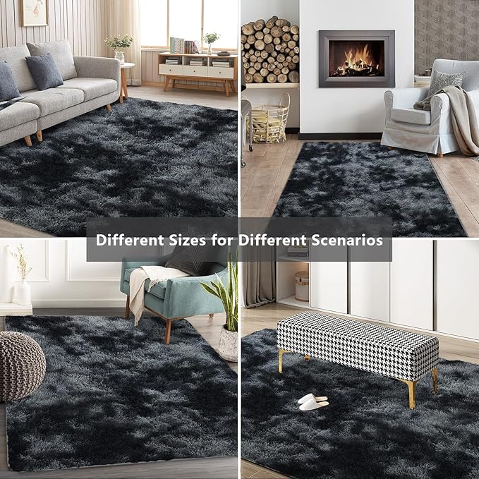 Shag Area Rugs for Bedroom Living Room,5X8 Ultra Soft Fluffy Area Rugs for Dorm, Indoor Carpet Nursery Rugs for Kids Room Home Decor, Black Grey