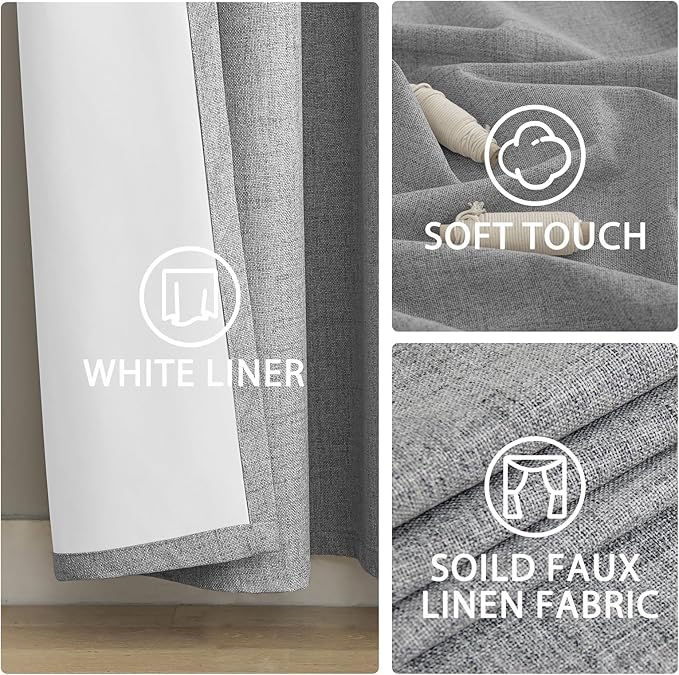 Yakamok Dove Grey Linen Curtains 100% Blackout 72 Inches Long,Room Darkening Textured Curtain for Living Room Thermal Grommet Bedroom Curtains 2 Panels with Greyish White Liner