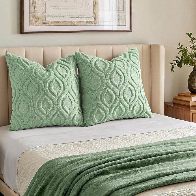 decorUhome Throw Pillow Covers 18x18 Inch Set of 2, Soft Plush Faux Wool Sage Green Solid Couch Pillow Covers, Accent Farmhouse Neutral Square Pillow Cases for Sofa Bed Living Room