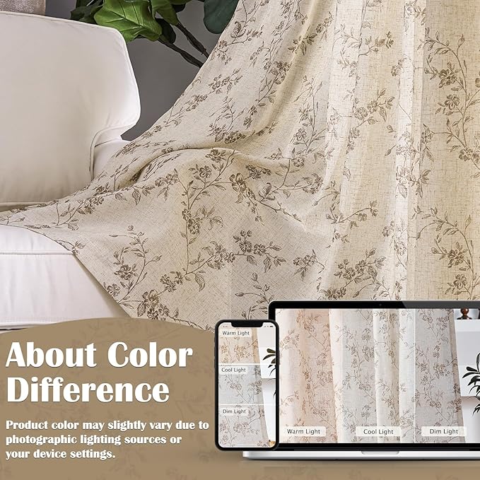 Lazzzy Floral Linen Curtains Farmhouse Extra Long Curtain for Living Room Bedroom Light Filtering Vintage Rod Pocket Back Tab Drapes for Home, 2 Panels, Taupe on Beige, W38 X L108