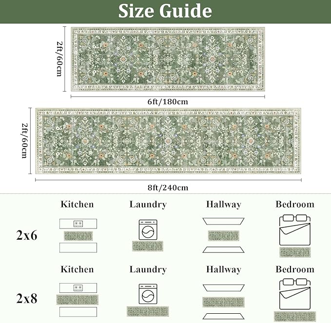 Yamaziot Washable Runner Rug 2x10 – Floral Non Slip Boho Hallway Runner Rug with Rubber Backing, Low Pile Faux Wool Distressed Carpet for Kitchen, Laundry, Bedroom, Entrance, Green